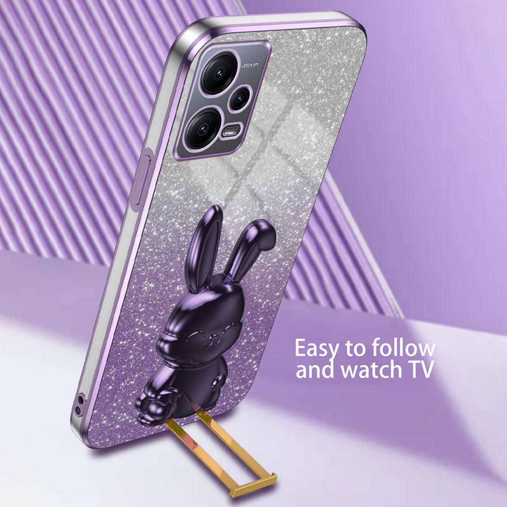 For Xiaomi Redmi Note 12 5G (Global) Phone Case Cute Rabbit Pull-out Kickstand Shockproof PC+TPU Cover