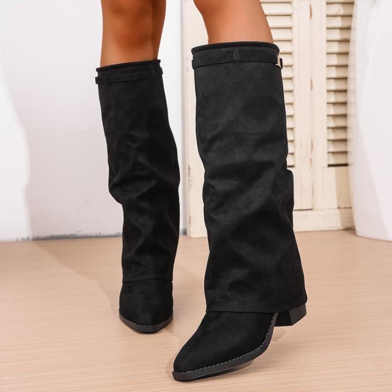 Fashion Women's Shoes New Pointed Straight Knee High Boots Large Size Thick High Heel Boots for Women Fashion Solid Suede Long Botas