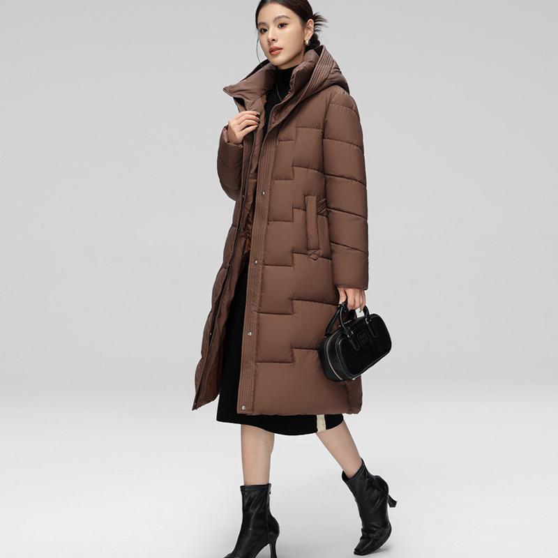 Vinter Dam Lång Dunbomullsjacka med Bälte Tjock Varm Lyxig Slim Huva Parka Kappa