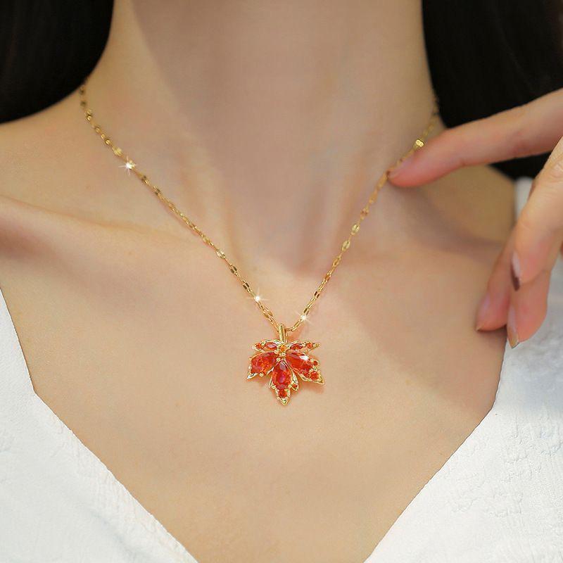 Elegant Red Maple Leaf Necklace for Women, Zircon Collarbone Chain, Light Luxury Fashion Sweater Accessory