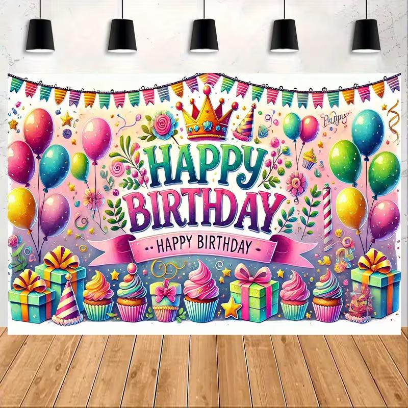 2D Happy Birthday Banner Backdrop Pastel Balloon Gift Box Party Decoration Prop