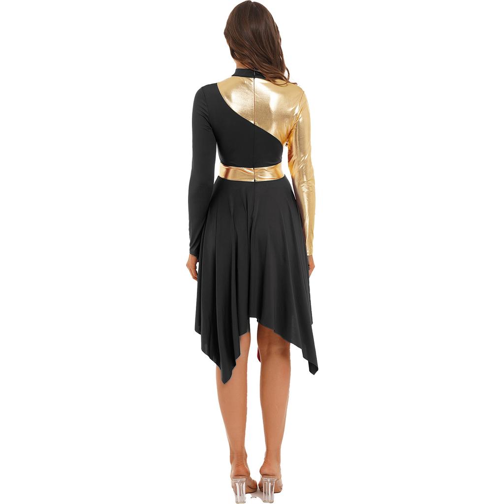 Womens Contrast Color Patchwork Dance Performance Costume Long Sleeve Asymmetrical Hem Dress