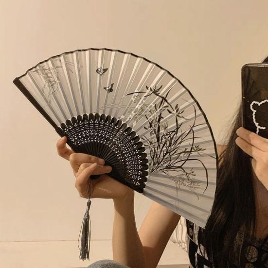 Floral Print Folding Fan with Tassel Chinese Style Hand Held Fan Portable Summer Cooling Fan Dance Performance Party Photo Props
