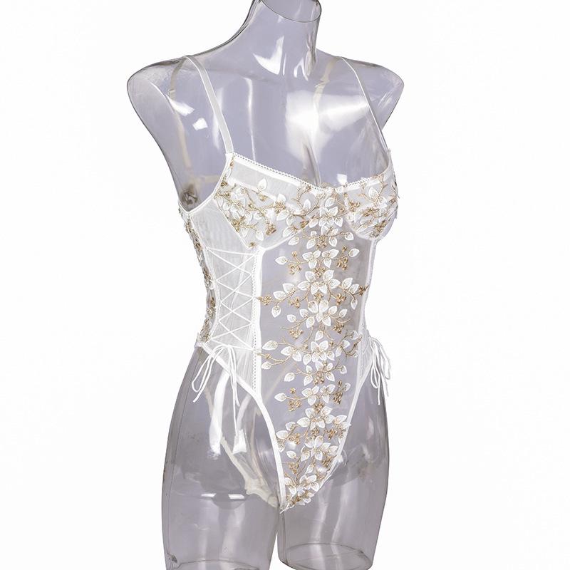 Lace Embroidery Bandage See-Through Sexy Bodysuit for Women