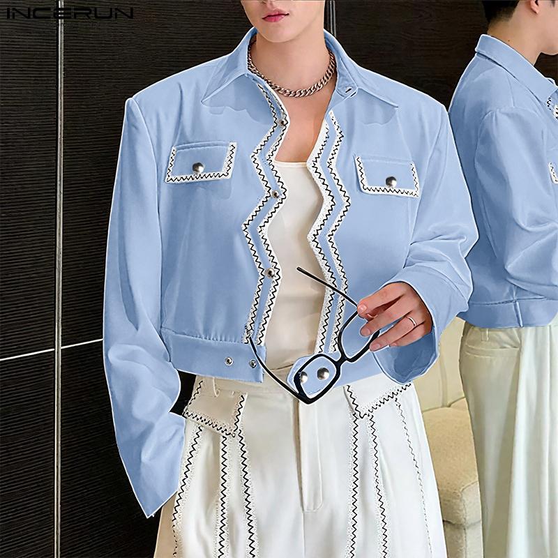 INCERUN Men Long Sleeve Button Texture Hem Stitching Short Coats Jackets