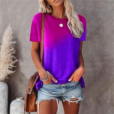 Camiseta feminina moda tie-dye cor gradiente básica em torno do pescoço camiseta verão legal respirável casual ao ar livre manga curta overs