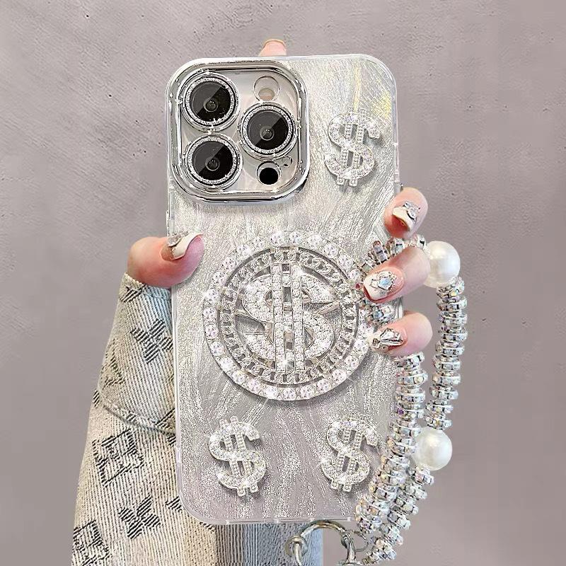 Etui obrotowe na telefon z cyrkoniami i symbolem dolara dla Apple 16pro Łańcuszek dla iPhone17promax Drobne otwory 14