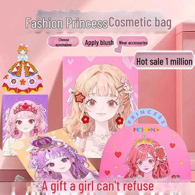 Kız Çocuklar için Modaya Uygun Prenses Makyaj Çantası Seti Giydirme Çıkartmaları ile - Kendin Yap Oyuncak