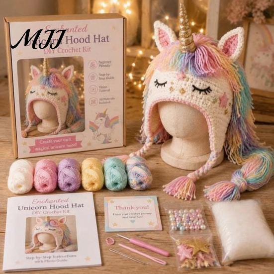 Halloween Cosplay Hat Kit Fantasy Hood Crochet Kit, Cute Animal DIY Dragon Unicorn Making Supplies Skull Earflap Craft for Adults, Handmade