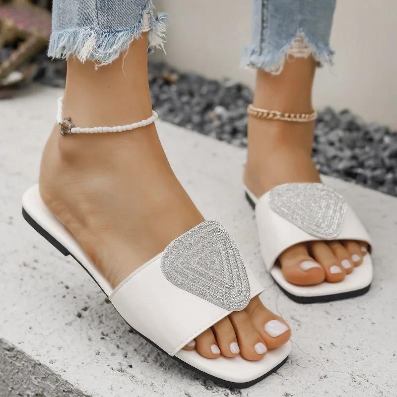Fashion Women's Flat Shoes Summer New Square Head Shallow Mouth Rhinestone Soft Bottom Slip-resistant Wear-resistant Slippers36-43