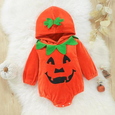 Baby Halloween Pumpkin Long-Sleeve Romper with Snap Crotch