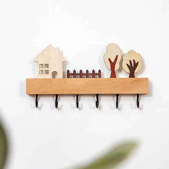 Rustic Wood Key Hanger Hanger with Decorative Wall Mounted 6 Hooks Entrance Key Hanger for Keys