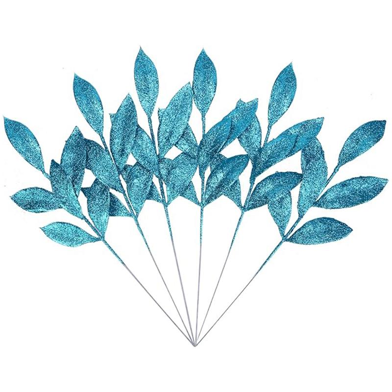 

5Pcs Christmas Decoration Glitter Artificial Leaves Bouquet Xmas Tree for Home Decor DIY Wreath Crafts Gift Garland Accessories 5Pcs тиффани синий