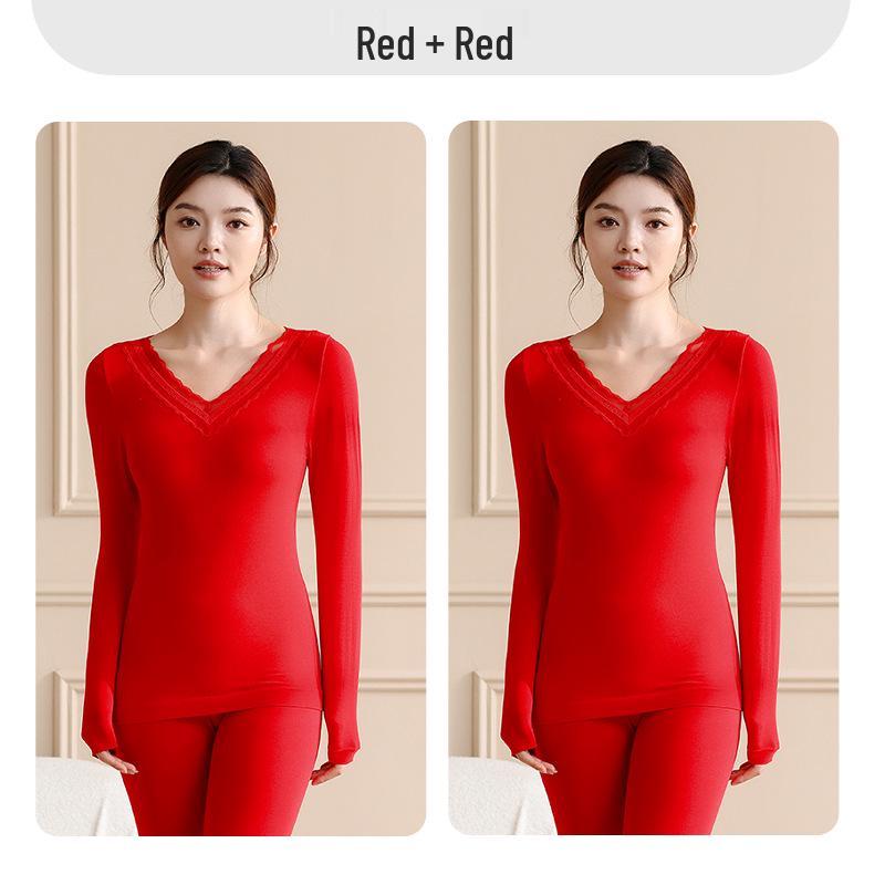Women's Lace V-Neck Thermal Underwear Set - Slimming, Shaping, Heat-Generating Cotton