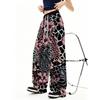 Women's Retro Wide Leg Pants with Leopard and Pink Floral Patchwork - Elastic Drawstring Waist Straight Pants