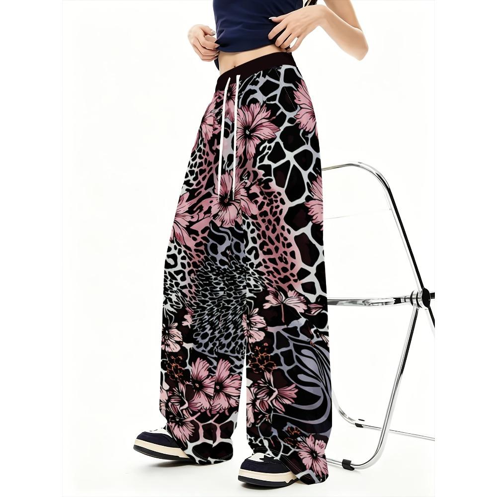 Women's Retro Wide Leg Pants with Leopard and Pink Floral Patchwork - Elastic Drawstring Waist Straight Pants