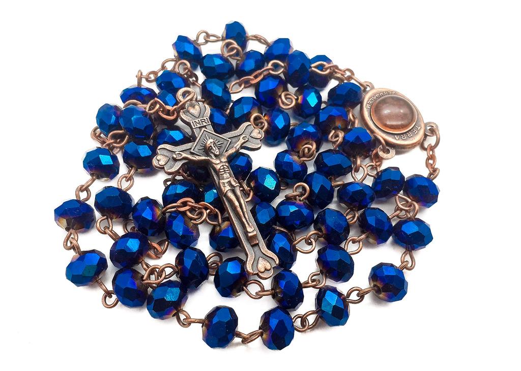 Nazareth Store Deep Blue Crystal Beads Rosary Necklace Catholic Prayer Jerusalem Holy Soil Medal Cross Holy Land Antique Religious Rosary Beads