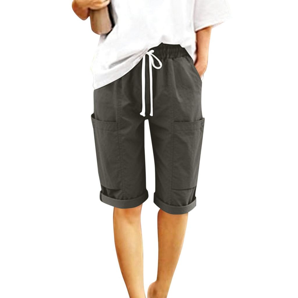 Women's Fashionable Color Elastic Waist Pocket Casual Loose Cotton And Linen Rolled Edge Five Quarter Shorts