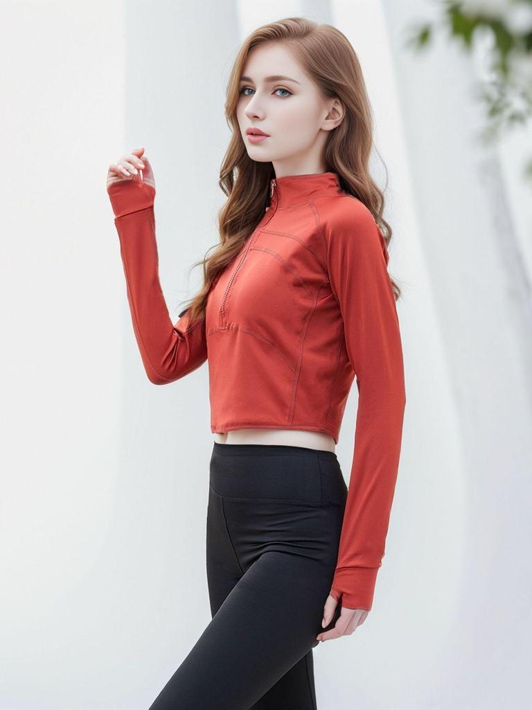 Women's Slim Fit Stand Collar Yoga Wear Long Sleeve T-Shirt - Stylish & Elastic for Autumn
