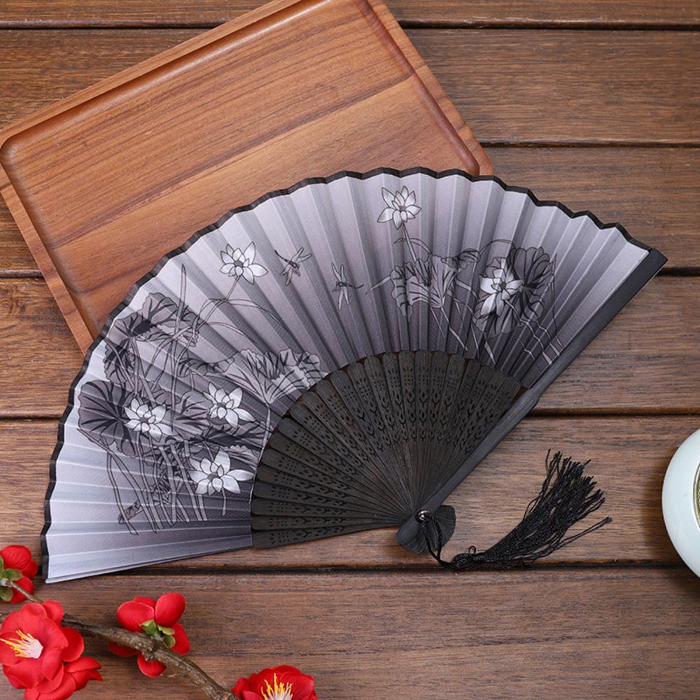 Chinese Japanese Folding Fan Wooden Shank Classical Dance Fan Tassel Elegent Female Fan Party Art Craft Gift Home Decoration