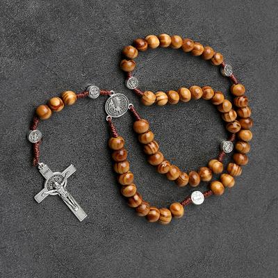 Wood Beads Rosary Cross Necklace For Women Men Christian Virgin Mary Inri Pendant Chain  Religion Jewelry