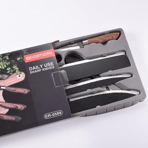 6-piece stainless steel knife set featuring a chef's knife, Santoku knife, vegetable knife, sashimi knife, paring knife, scissors, ceramic peeler, and