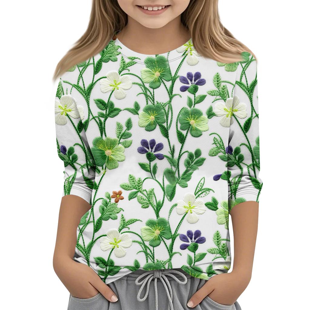 St. Patrick's Day Print Tops For Youth Girls 4-11 Years Round Neck 3/4 Sleeves T-Shirts Trendy Tops Outfit Tees