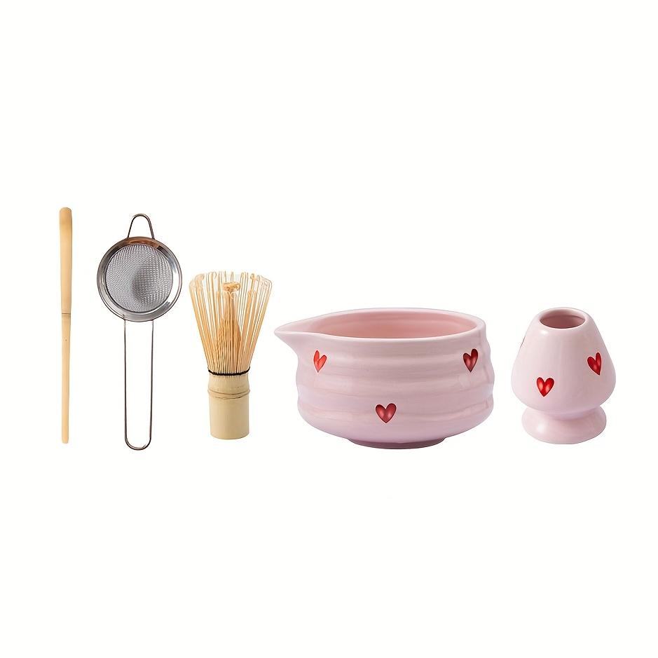 5Pcs Pink Heart Ceramic Matcha Whisk Set with Spouted Bowl Bamboo Whisk Holder Scoop Sifter - Tea Lovers Gift Kit