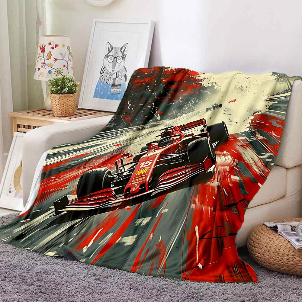 1 szt. Koc Flanelowy Wyścigowy Formuła 1 HD Nadruk Lekki Miękki Ciepły Koc na Cały Sezon do Sofy, Łóżka, Podróży, Kempingu Można Prać w Pralce