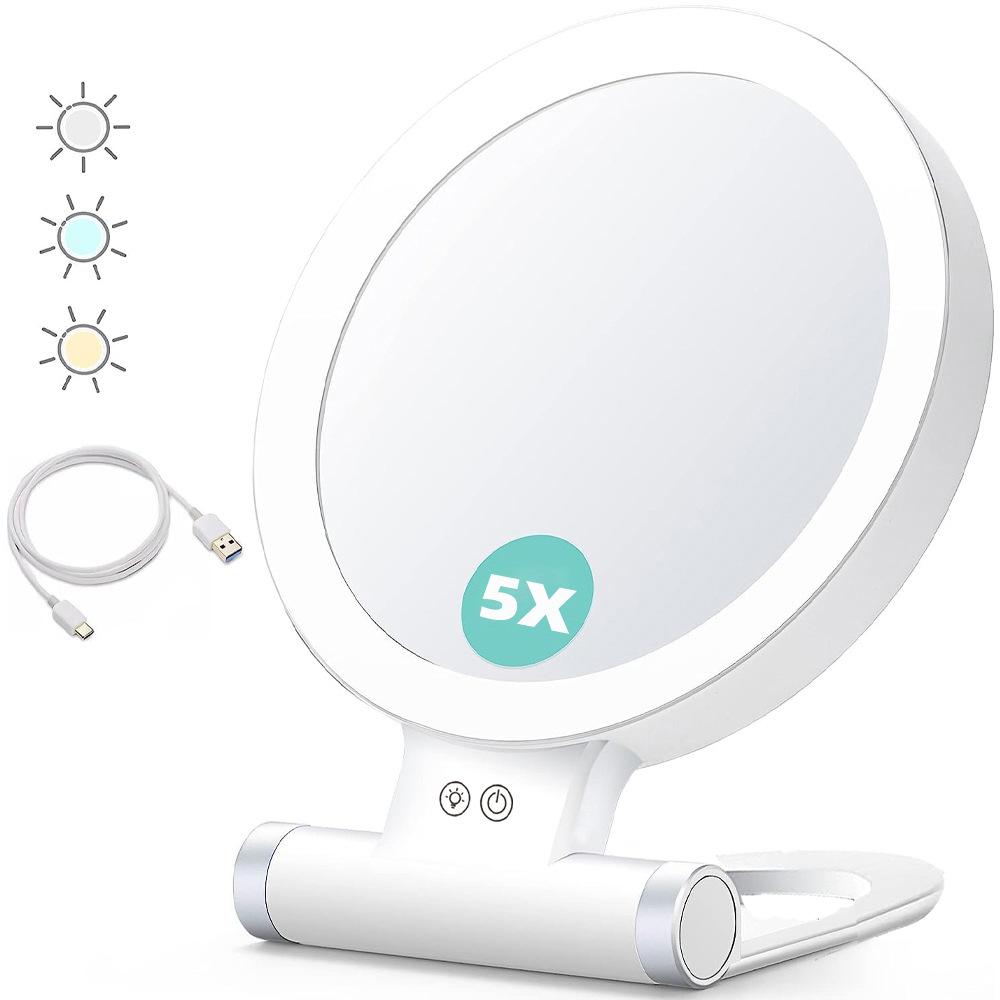 3 Colors LED Vanity Mirror with Touch Screen 5/10x USB Rechargeable Dimming Makeup Mirror 3 Brightness Portable