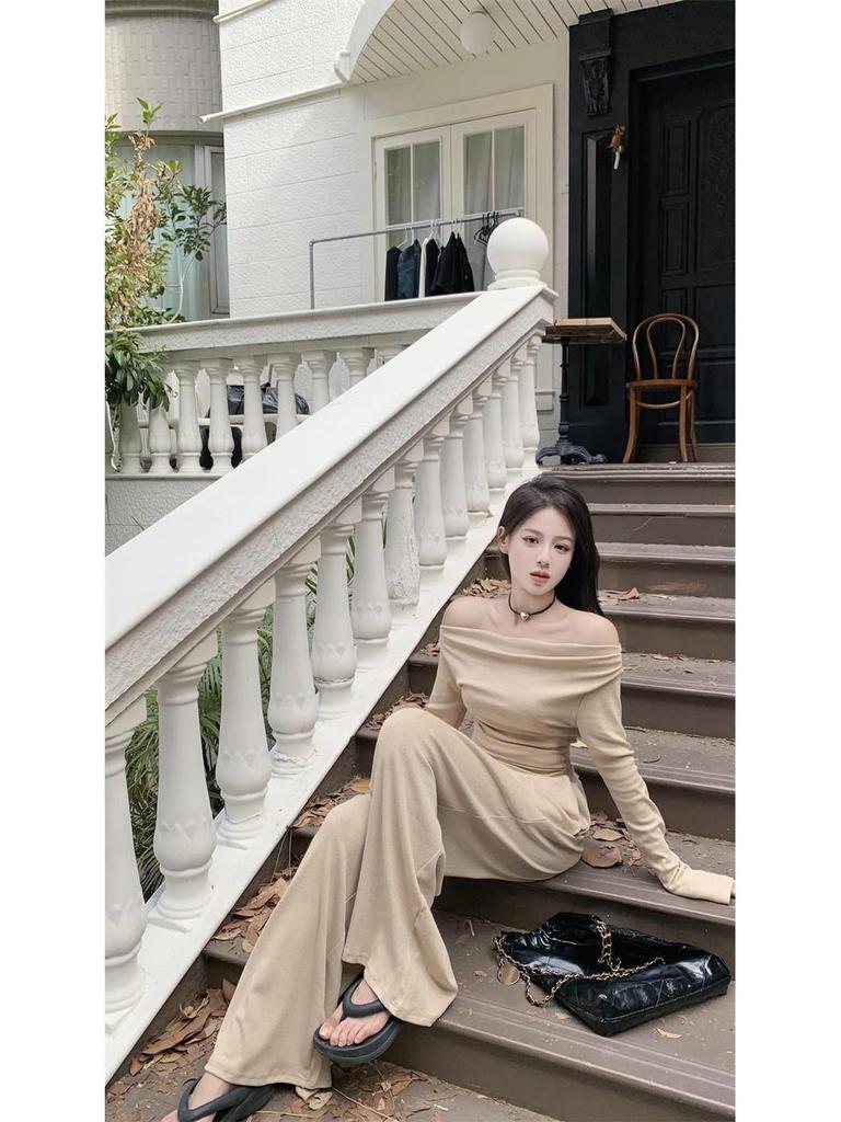Women's Two-Piece Set: Tea-Colored One-Shoulder Irregular Top and Grey Wide-Leg Pants for Autumn