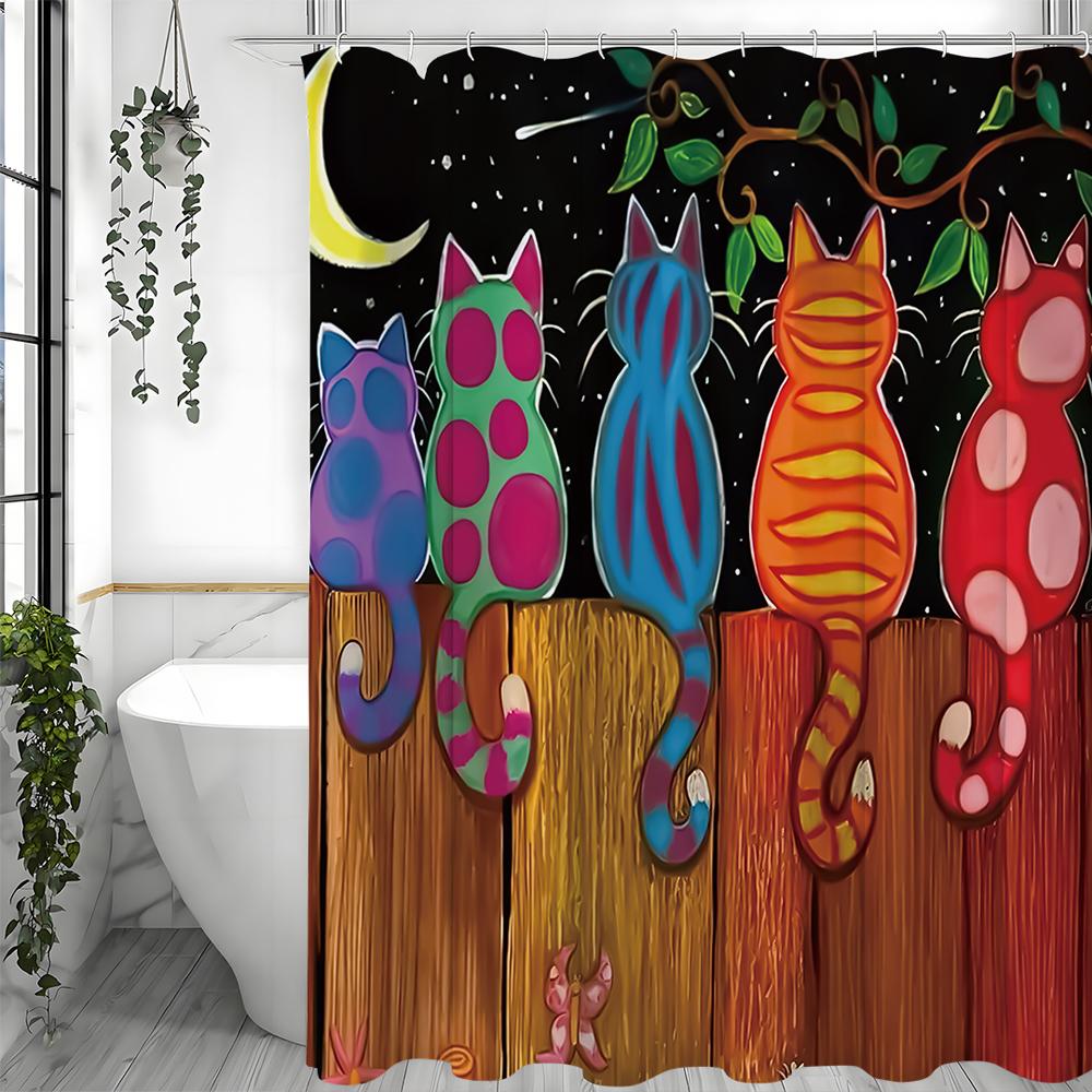 Tenda Doccia Gatto Carino Luna Cartone Animato, Tenda Doccia Decorativa per Bagno, Tenda Doccia Impermeabile con Ganci