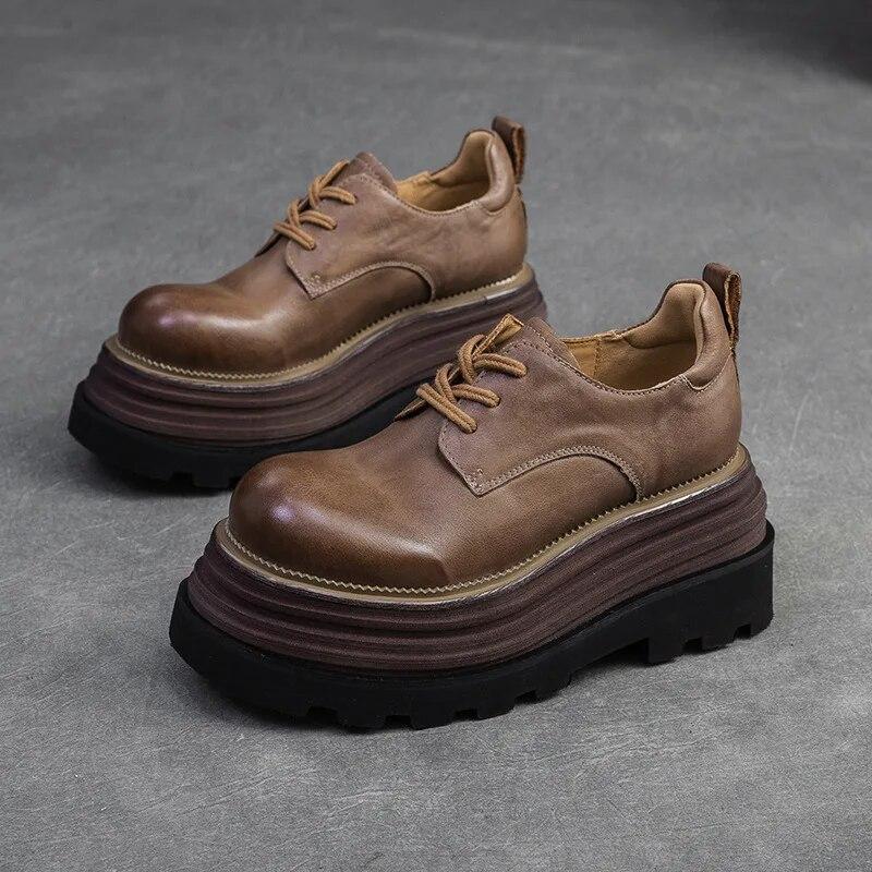 

Johnature/туфли на плоской платформе с приподнятой толстой подошвой в стиле ретро, ​​универсальная модная женская обувь с круглым носком и шнуровкой 39 кофейный