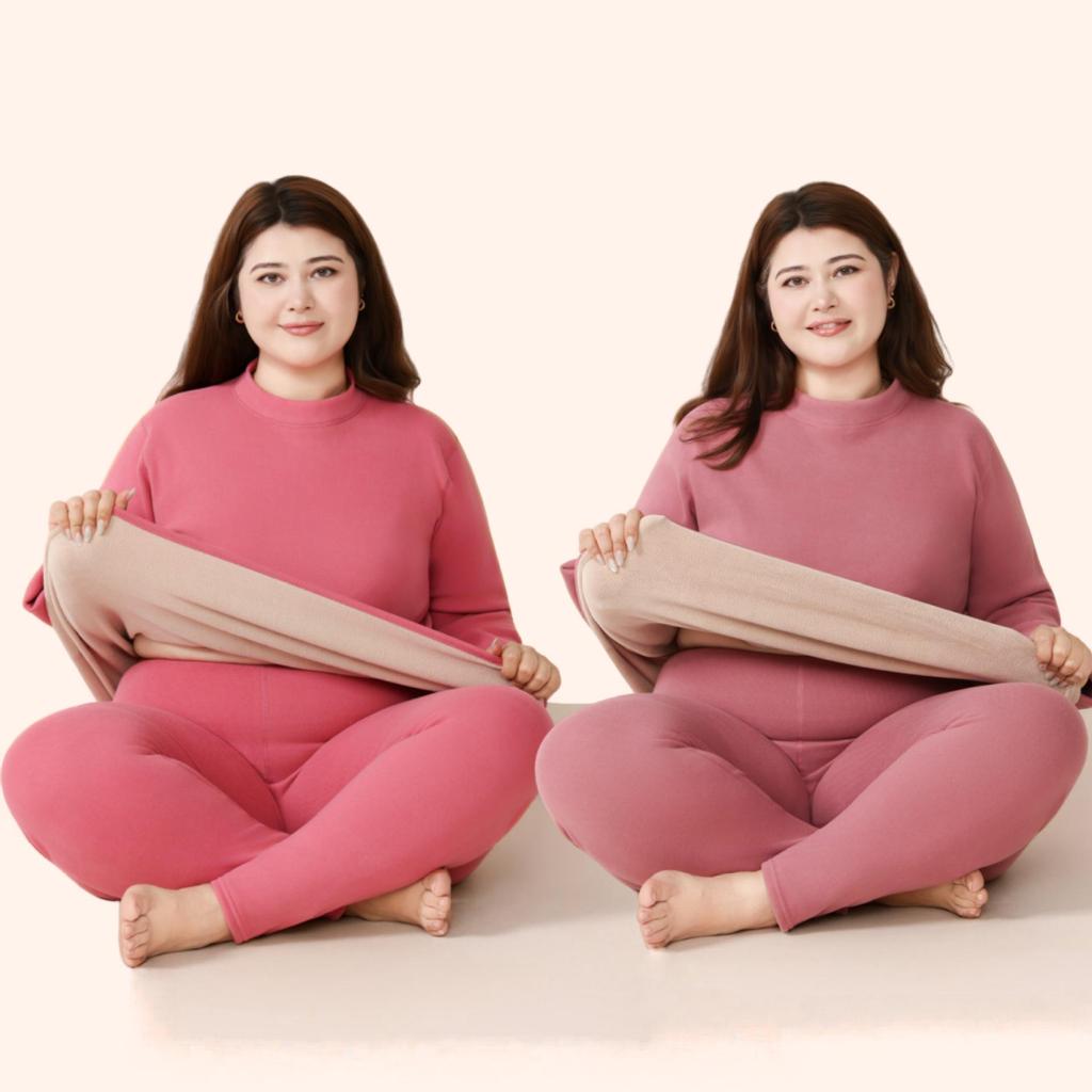 Unisex Plus Size Thermal Underwear Set with Thickened Velvet and Lambskin, Round Neck, for Autumn and Winter