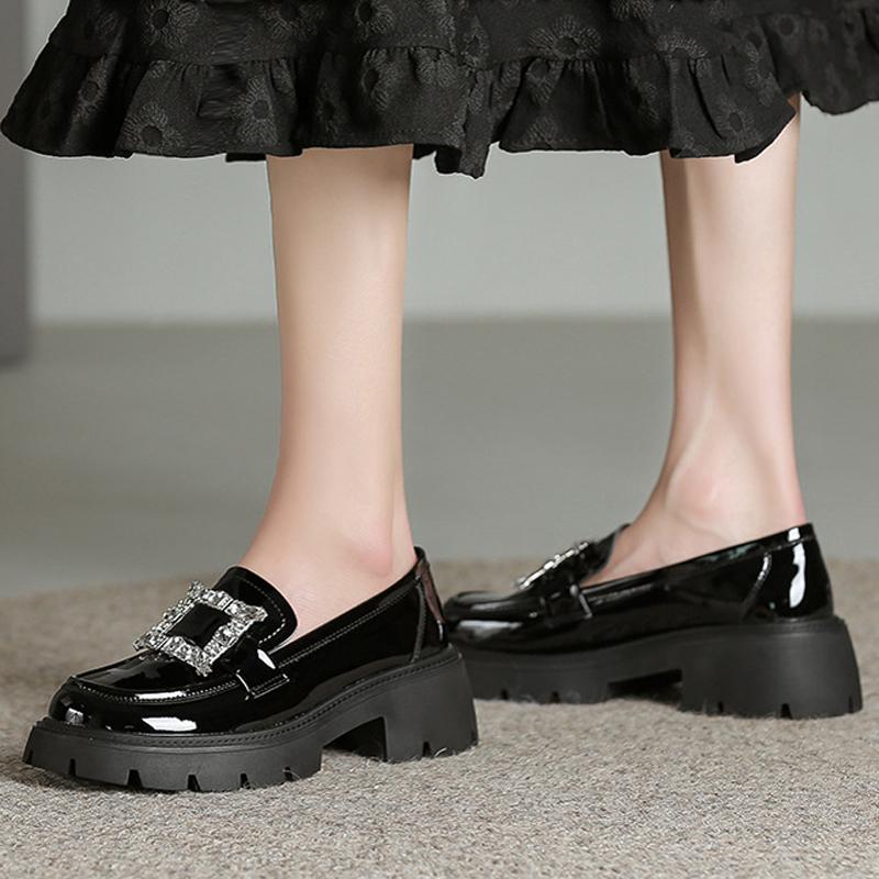 Mode Plateau-Loafer mit dicker Sohle Damen Glitzernde Kristall-Flats Kleine Lederschuhe Damen Klobige Absätze Oxfords Uniform JK Sneaker