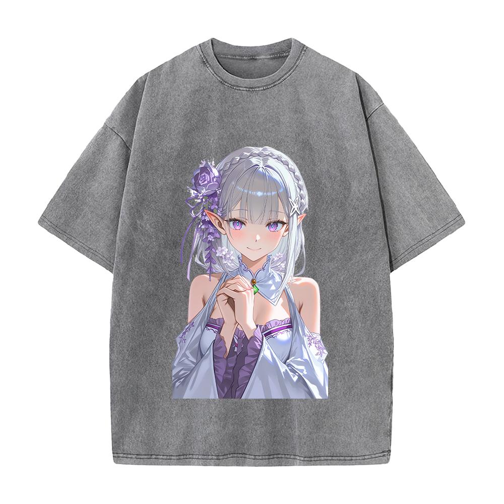Re ZERO Starting Life In Another World Emilia Printed Tee Men Women Washed Cotton T-shirts Retro T Shirt Harajuku Unisex Tshirt