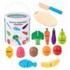 Interactive Kids Kitchen Play Set With Realistic Wooden Food Slices Storage Bucket
