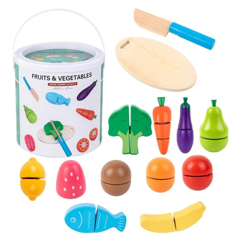 

Interactive Kids Kitchen Play Set With Realistic Wooden Food Slices Storage Bucket 1