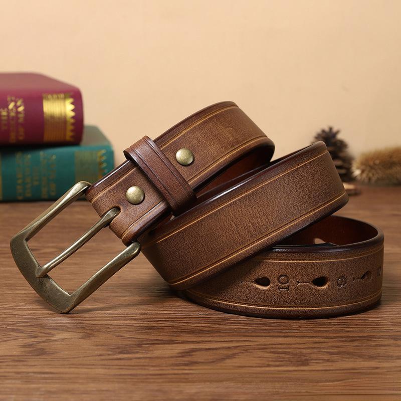 Belt Men's Retro Hand-Rub Color Distressed Pure Cowhide Leather Pin Buckle Fashion Trendy Korean Style Brass Buckle Belt