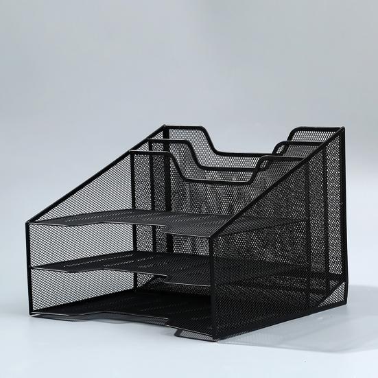 Letter Tray Organizer Desk Mesh File Organizer with 3 Paper Tray And 2 Vertical Upright Section Metal File Folder Sorter for Office Supplies