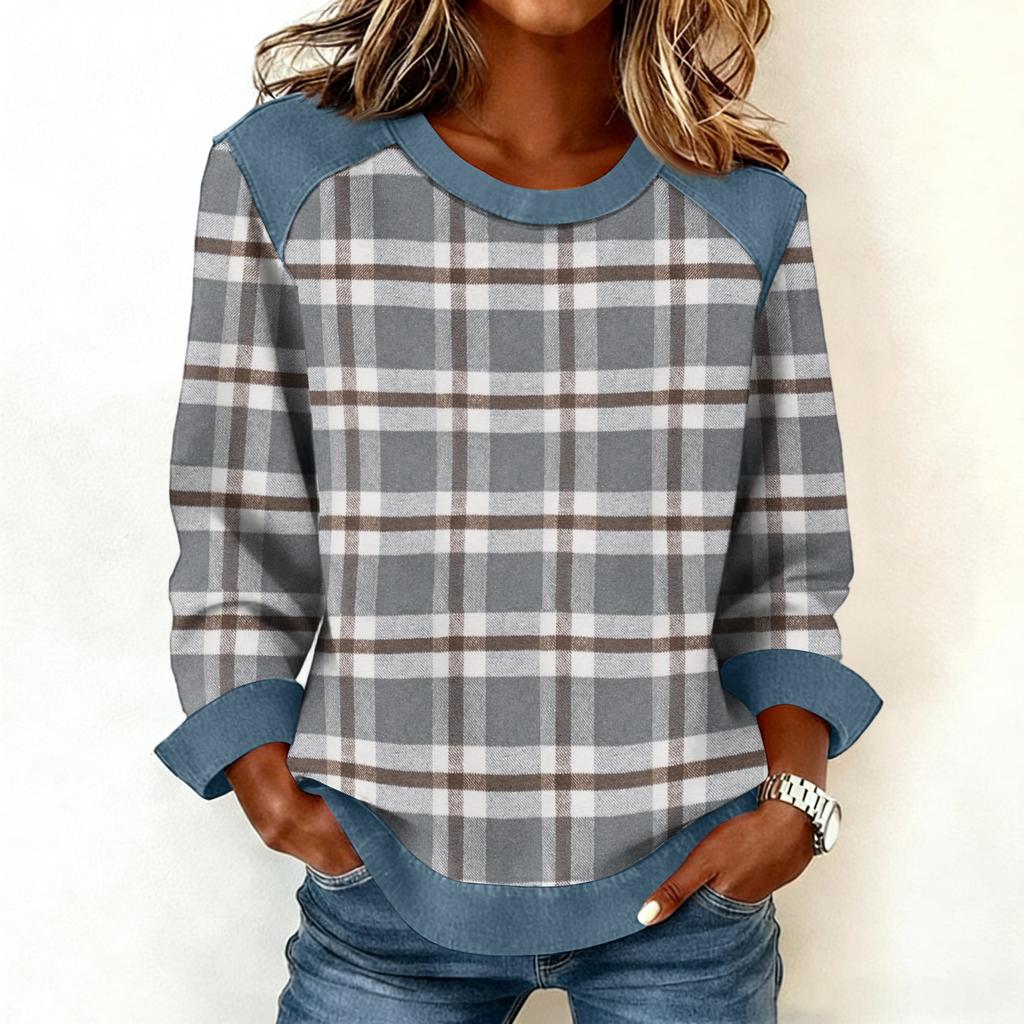 Damen Jeanskragen Patchwork Nähte Sweatshirt Lässig Pullover Langarmshirts