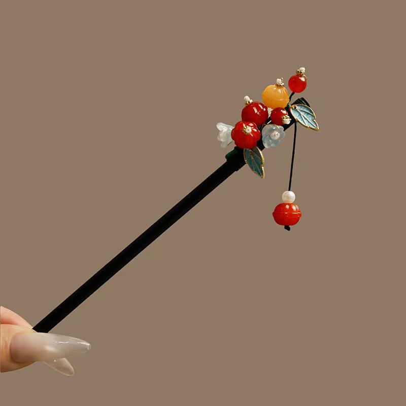 Elegant Red Rose Tassel Hairpin - U-shaped Hair Accessory for Women, Perfect for Updos and Traditional Attire.