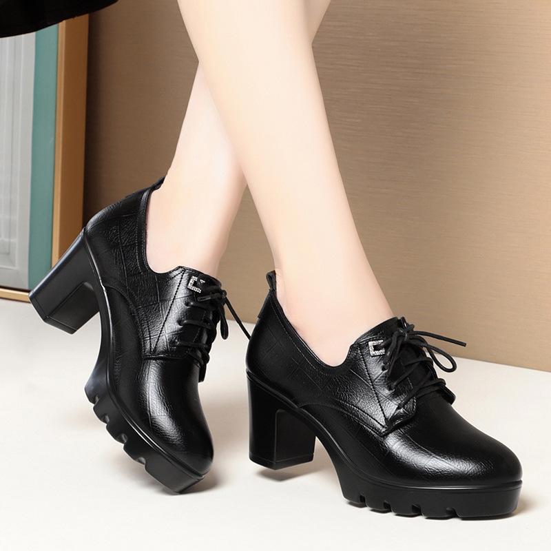 

модные туфли из мягкой кожи в британском стиле, женские туфли-лодочки на толстой платформе 2024 года, весенние туфли-оксфорды на высоком каблуке для офиса, модные модели 39(Foot24.5cm)