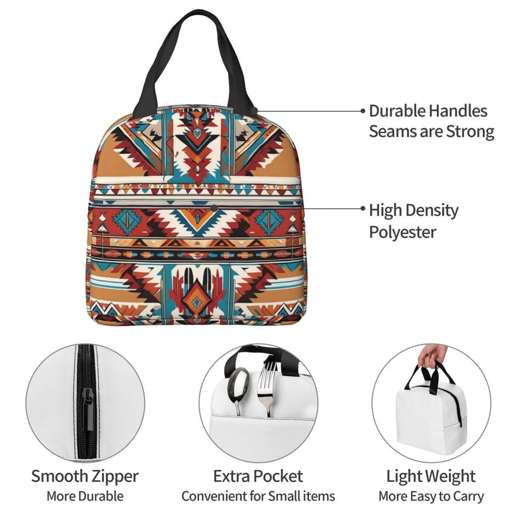 Navajo Watercolor Pattern Insulated Lunch Bag for Women Kids Portable Food Boxes Thermal Lunch Box Tote