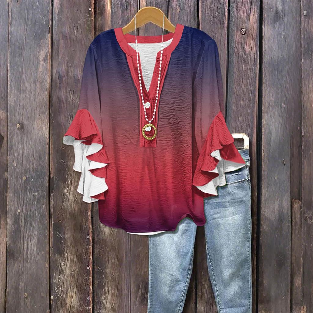 Women's Fashion Casual Button V-Neck Seven Sleeve Vintage Printed Shirt Top