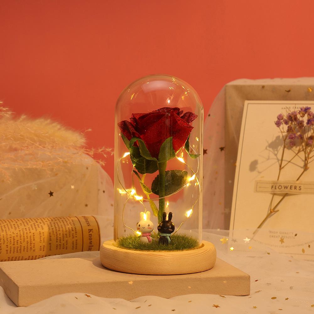 Immortal Rose Night Light with Gold Powder In Glass Dome – Qixi Festival Floral Ornament