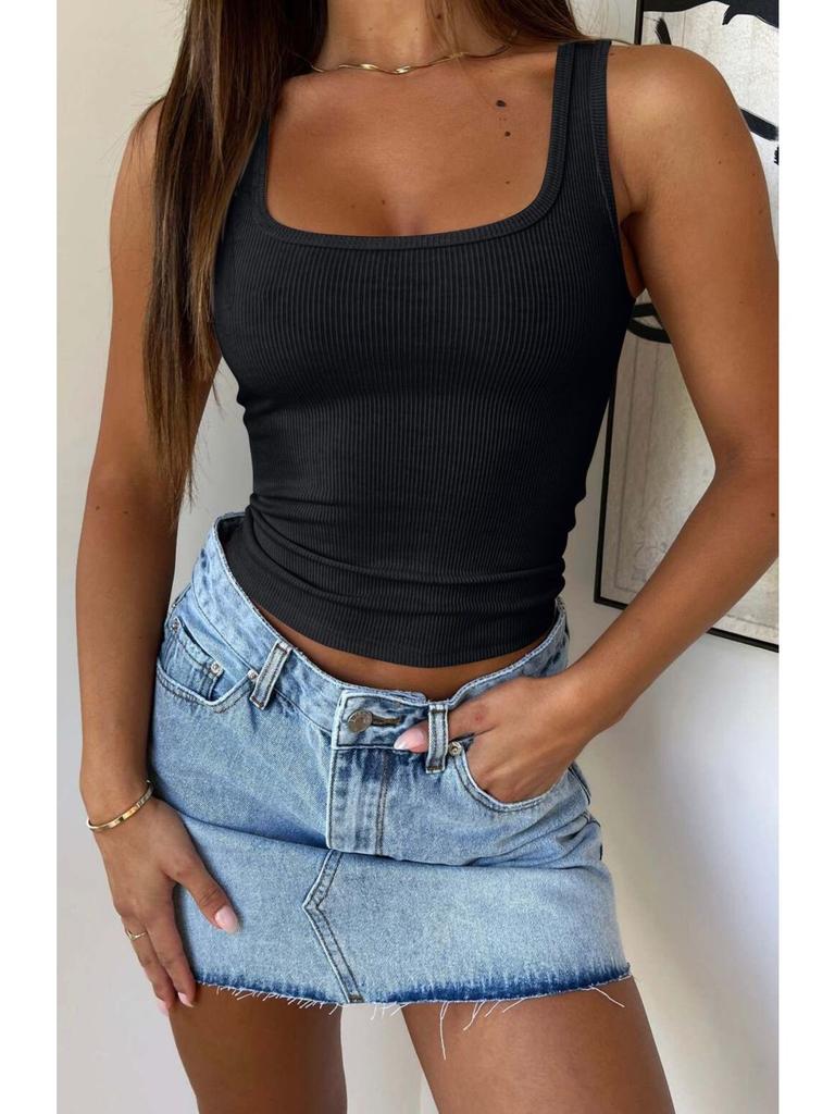 Ribbed Crop Tops Women Solid Color Square Neck Camis Camisole Fashion Tube Top Female Sleeveless