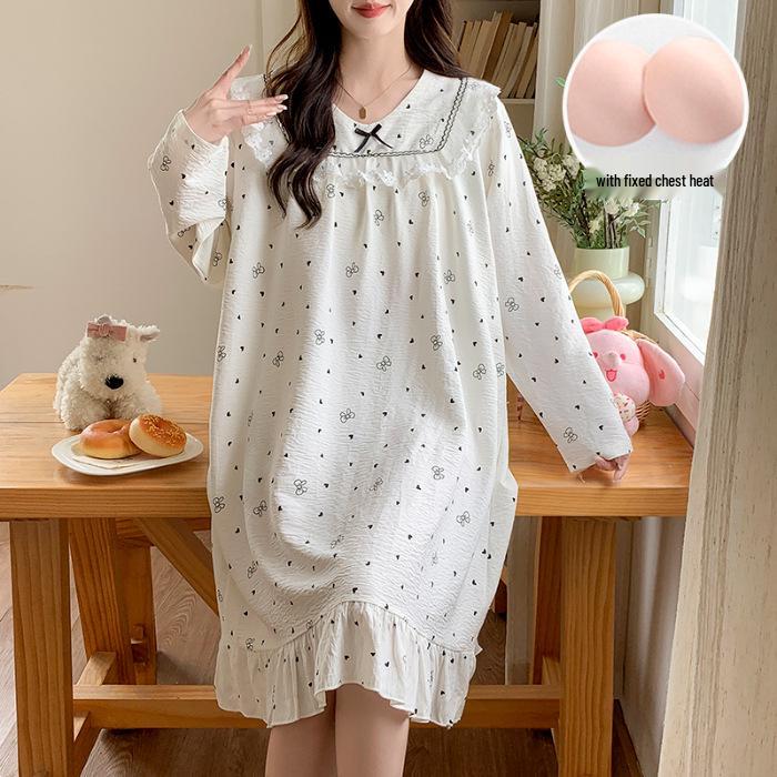 Spring & Autumn Lace Long Sleeve Cotton Nightgown with Fixed Chest Pad