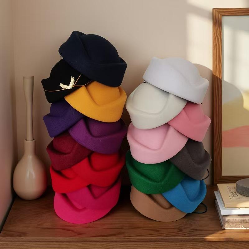 Cappello a Cilindro Riccio Retrò, Berretto di Lana Monocolore, Cappello Elegante da Banchetto Quotidiano per Donna