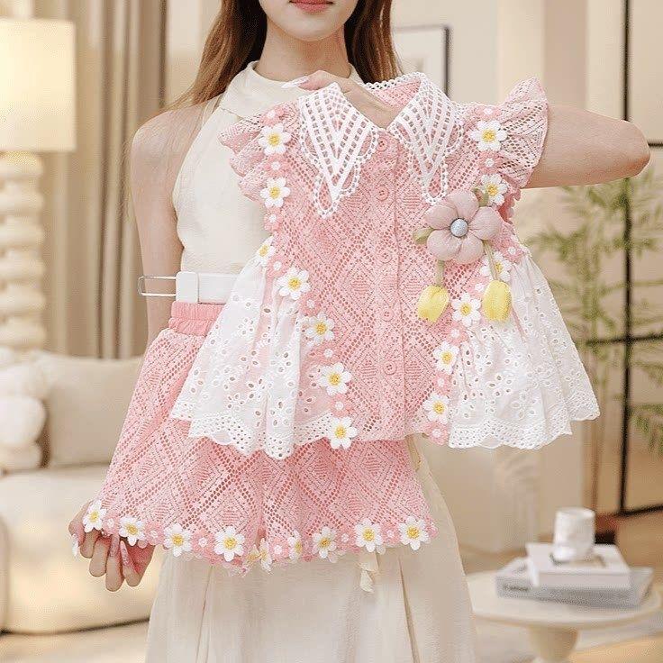 Girls Summer Pink Lace Sleeveless Tulip Top And Sweet Shorts Two Piece Set Outfit 150cm